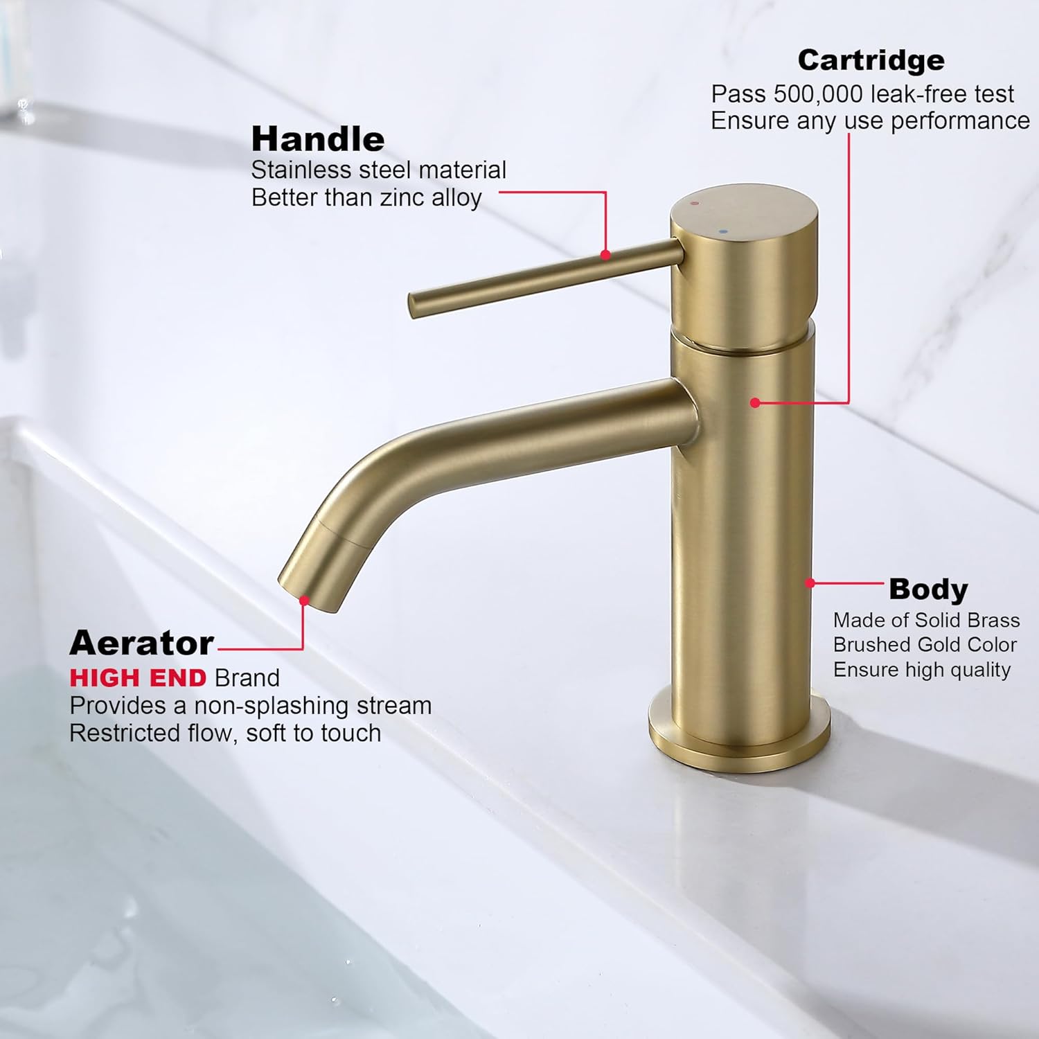 Brushed Gold Bathroom Faucet, Single Handle Brass Sink Faucet Bathroom Single Hole with Pop Up Sink Drain Assembly and Water Faucet Supply Lines - Image 2
