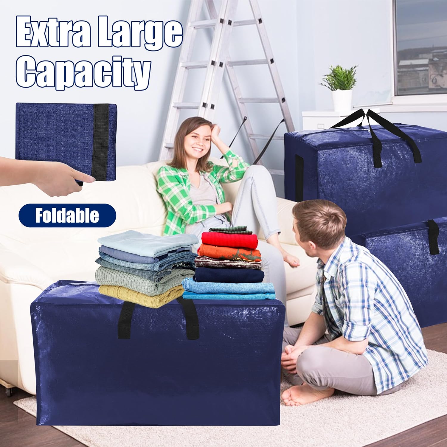 6 Pack Extra Large Moving Bags with Strong Zippers & Carrying Handles, Heavy Duty Storage Tote for Space Saving Moving Storage, Fold Flat, Alternative to Moving Box (Navy Blue) - Image 6