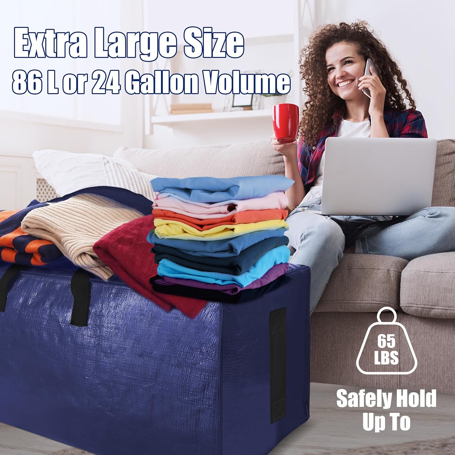 6 Pack Extra Large Moving Bags with Strong Zippers & Carrying Handles, Heavy Duty Storage Tote for Space Saving Moving Storage, Fold Flat, Alternative to Moving Box (Navy Blue) - Image 7