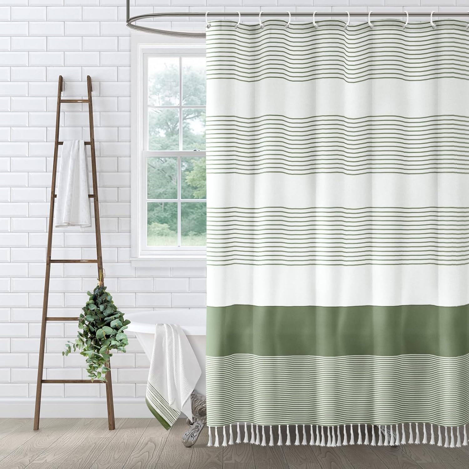 Sage Green Shower Curtain Cotton Boho Striped Shower Curtains for Bathroom with Tassel 72 X 72 - Image 1