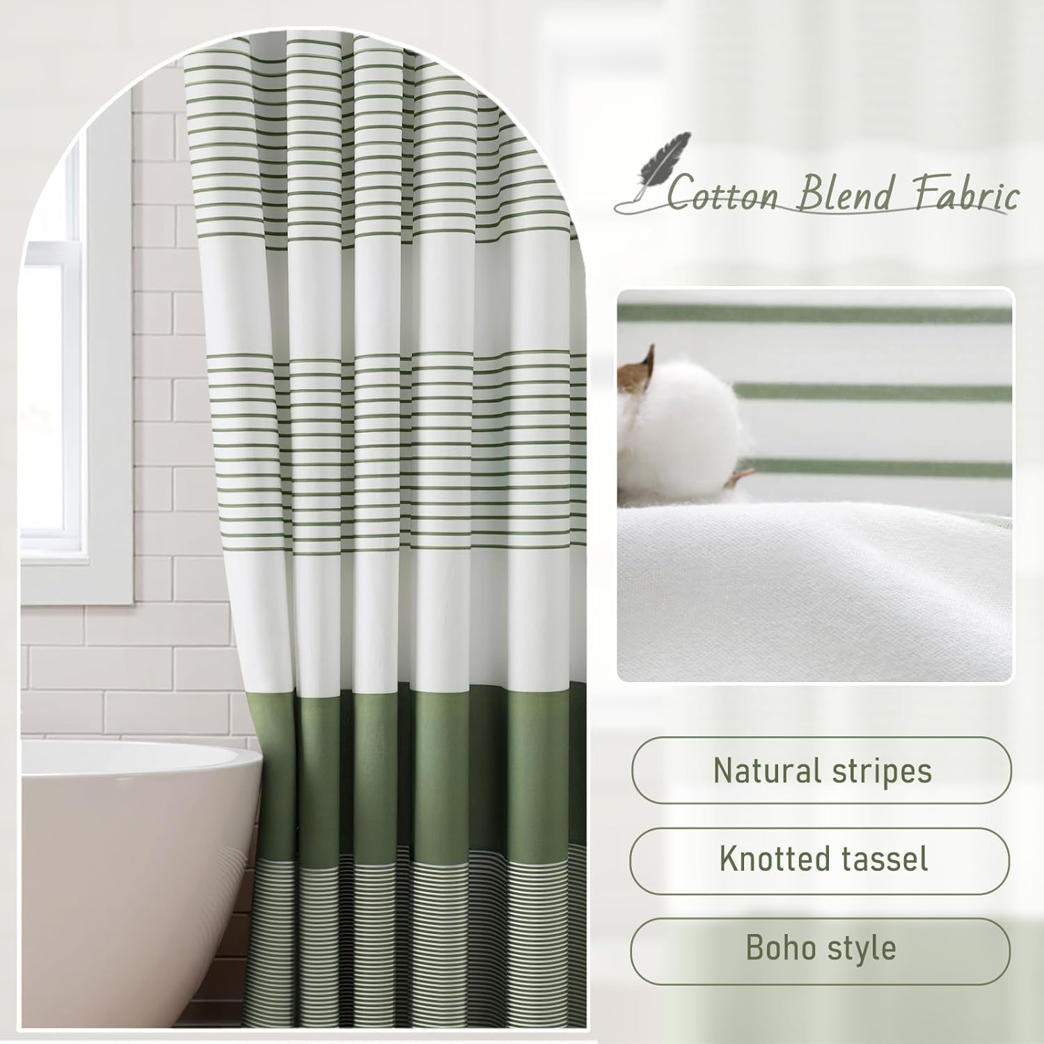 Sage Green Shower Curtain Cotton Boho Striped Shower Curtains for Bathroom with Tassel 72 X 72 - Image 2
