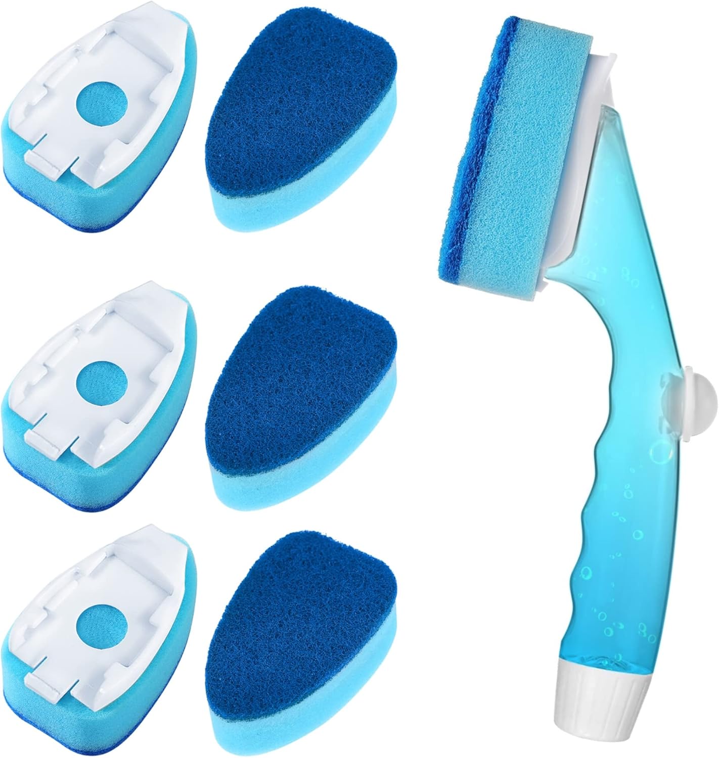 Non Scratch Dishwand Refill with Handle, 6 Heavy Duty Dish Wand Refills, Replacement Sponge Heads Set, Soap Control Dispenser Scrubbers, Dishwashing Scrub Dispensing Brush, Dishwasher Cleaning Tool - Image 1