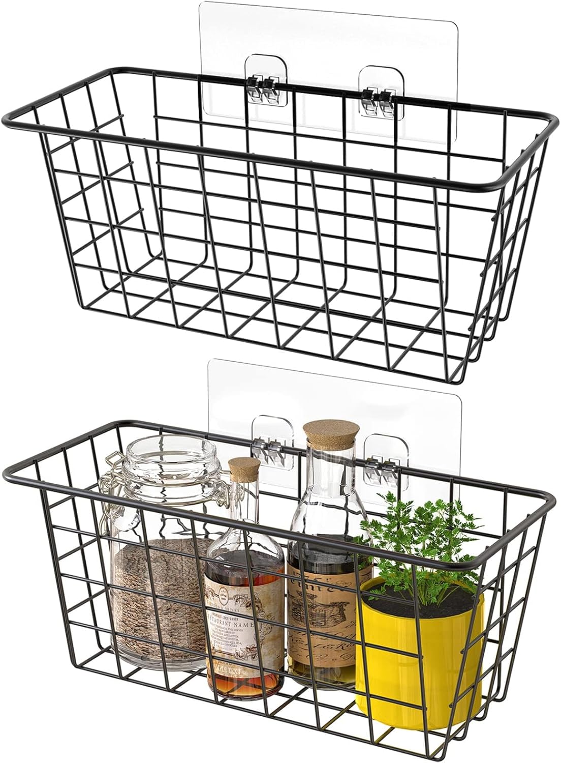 Hanging Kitchen Baskets Wire Storage Basket Over the Cabinet Door Organizer, No Drilling Adhesive Basket for Cabinet Pantry Organization and Kitchen, Bathroom, Storage, 2 Pack, Black - Image 1
