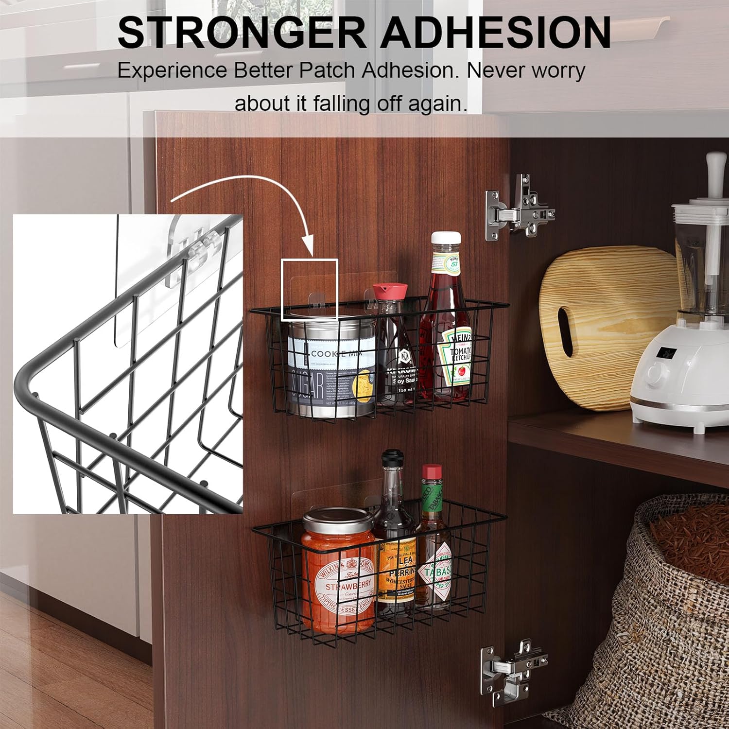 Hanging Kitchen Baskets Wire Storage Basket Over the Cabinet Door Organizer, No Drilling Adhesive Basket for Cabinet Pantry Organization and Kitchen, Bathroom, Storage, 2 Pack, Black - Image 3