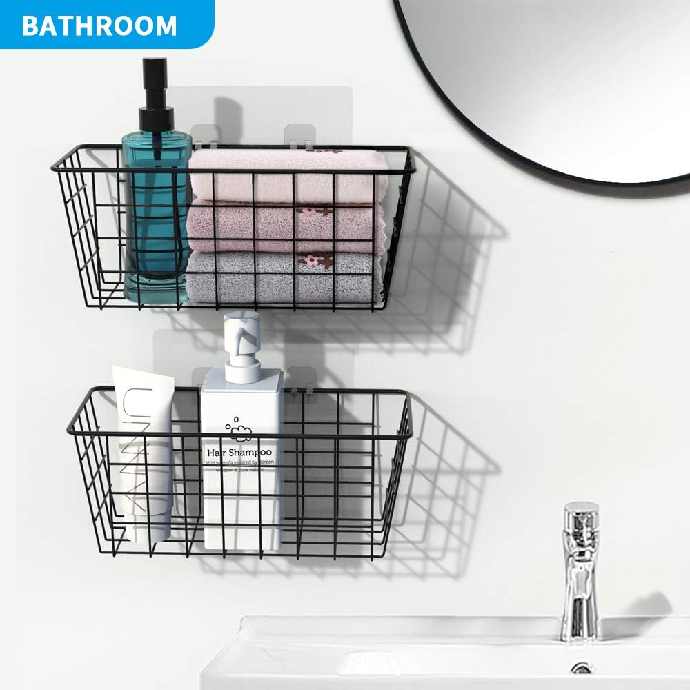 Hanging Kitchen Baskets Wire Storage Basket Over the Cabinet Door Organizer, No Drilling Adhesive Basket for Cabinet Pantry Organization and Kitchen, Bathroom, Storage, 2 Pack, Black - Image 5