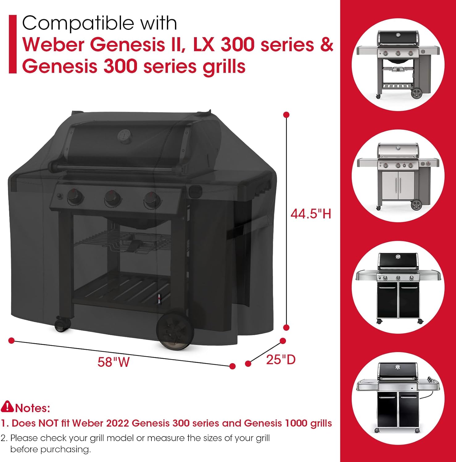 58 Inch Grill Cover for Weber Genesis II, LX 300 Series and Genesis 300 Series Gas Grills, Heavy Duty Waterproof Fade Resistant BBQ Cover, All Weather Protection, Compared to Weber 7130 - Image 2