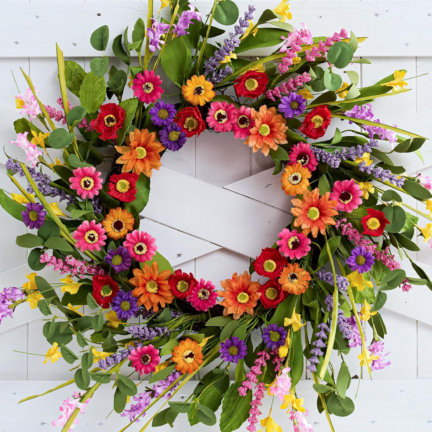 Artificial Spring Wreath 22 Inch Summer Wreaths for Front Door with Green Eucalyptus Leaves Pink Daisy Lavender Spring Door Wreath for Farmhouse Wall Wedding Home Porch Easter - Image 1
