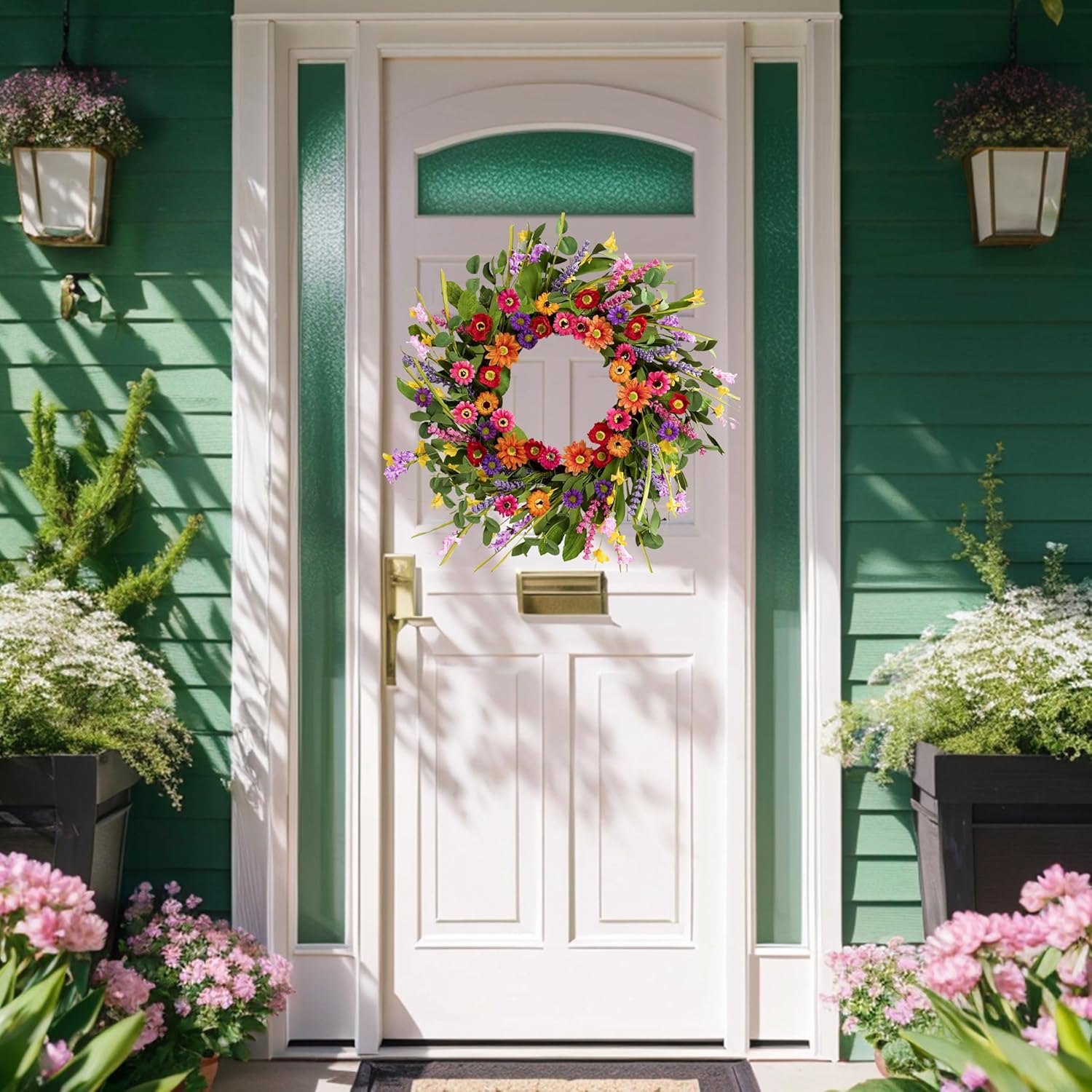 Artificial Spring Wreath 22 Inch Summer Wreaths for Front Door with Green Eucalyptus Leaves Pink Daisy Lavender Spring Door Wreath for Farmhouse Wall Wedding Home Porch Easter - Image 2
