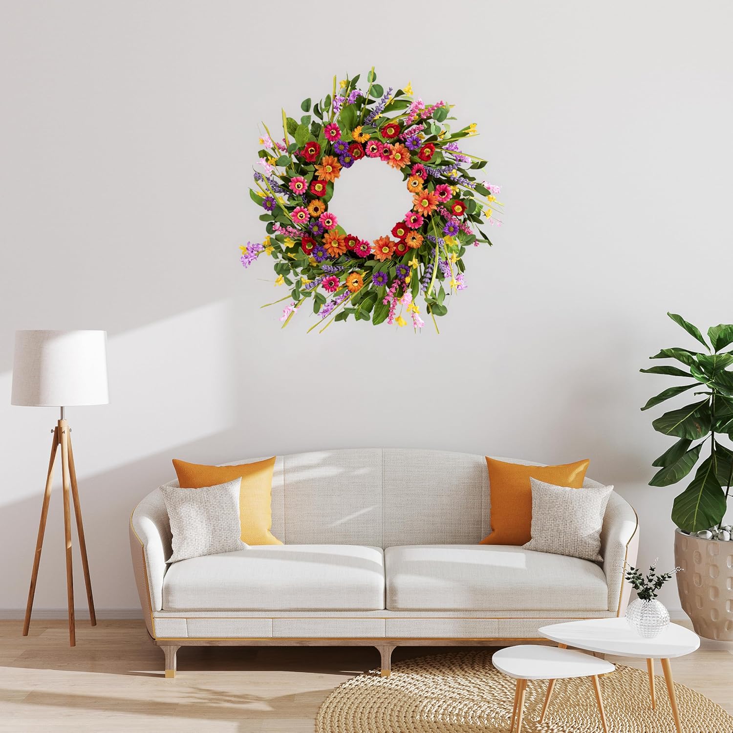 Artificial Spring Wreath 22 Inch Summer Wreaths for Front Door with Green Eucalyptus Leaves Pink Daisy Lavender Spring Door Wreath for Farmhouse Wall Wedding Home Porch Easter - Image 4