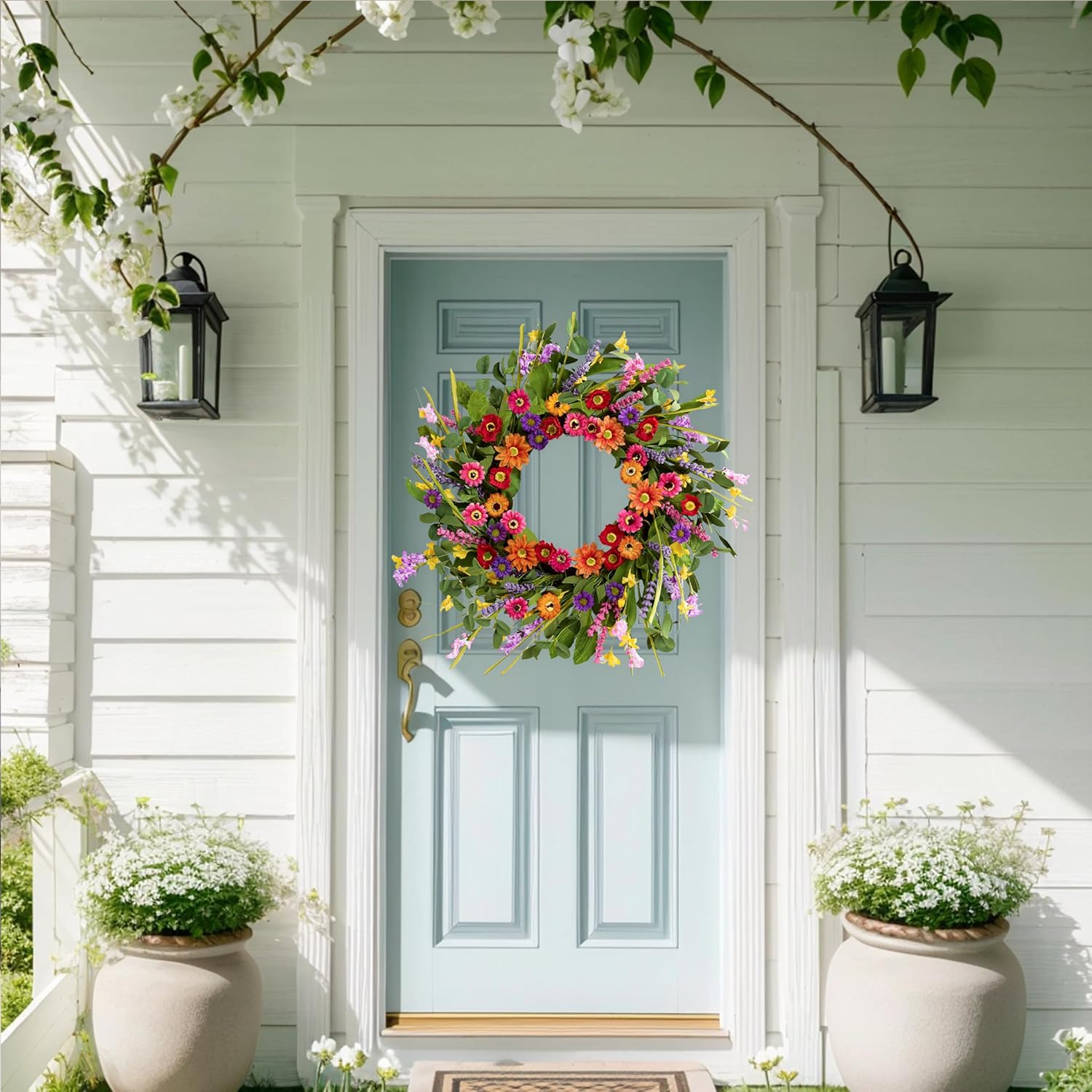 Artificial Spring Wreath 22 Inch Summer Wreaths for Front Door with Green Eucalyptus Leaves Pink Daisy Lavender Spring Door Wreath for Farmhouse Wall Wedding Home Porch Easter - Image 6