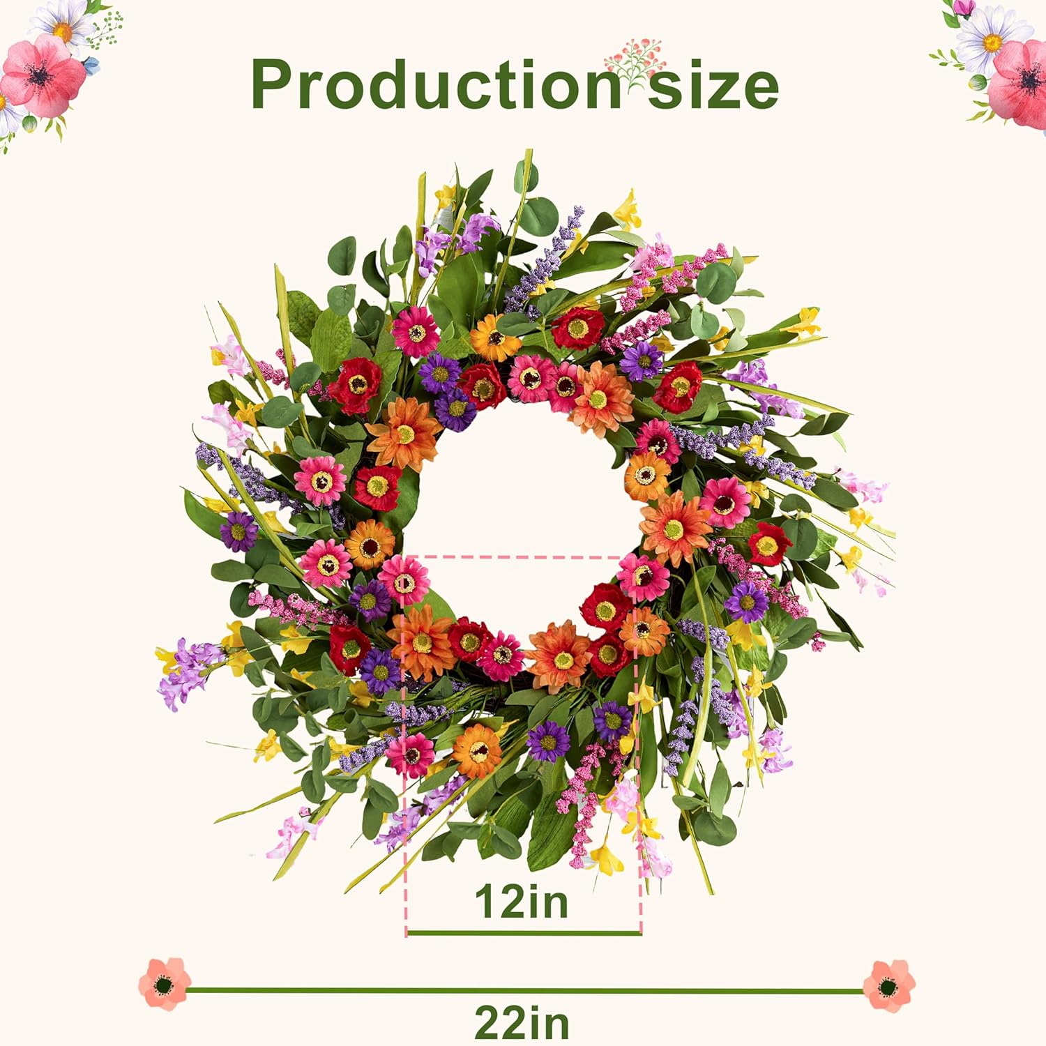Artificial Spring Wreath 22 Inch Summer Wreaths for Front Door with Green Eucalyptus Leaves Pink Daisy Lavender Spring Door Wreath for Farmhouse Wall Wedding Home Porch Easter - Image 7