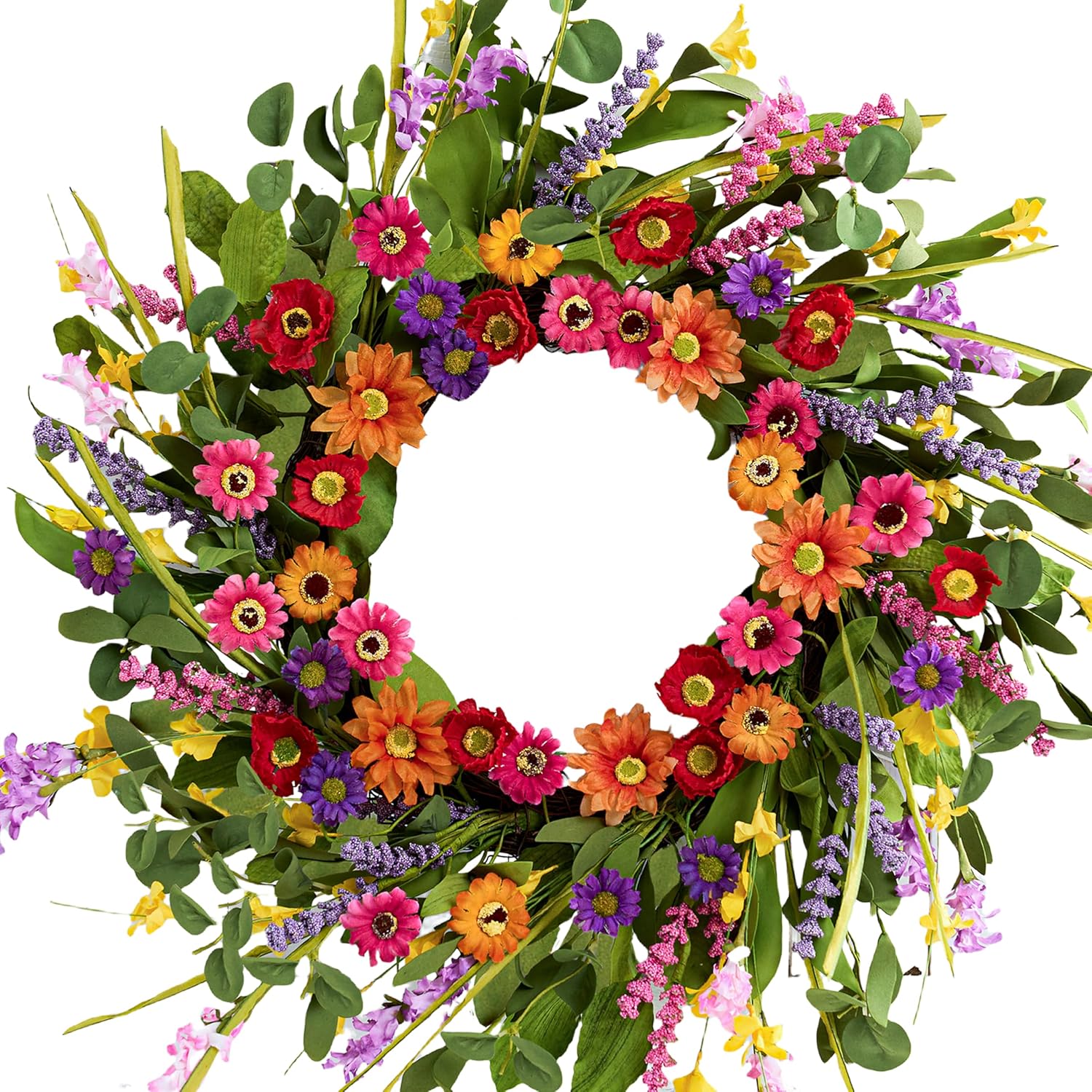 Artificial Spring Wreath 22 Inch Summer Wreaths for Front Door with Green Eucalyptus Leaves Pink Daisy Lavender Spring Door Wreath for Farmhouse Wall Wedding Home Porch Easter - Image 8