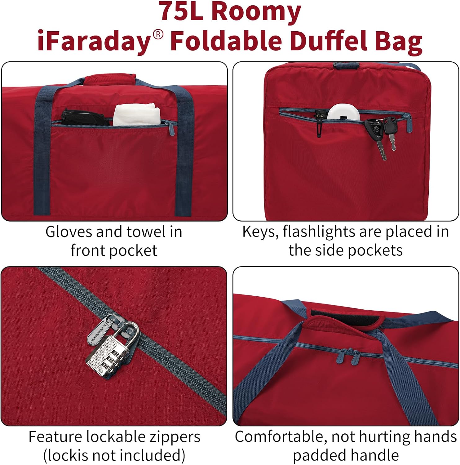 Foldable Duffle Bag 30 inch 75L Large Lightweight Luggage Bag for Travel Camping Storage-Red - Image 2