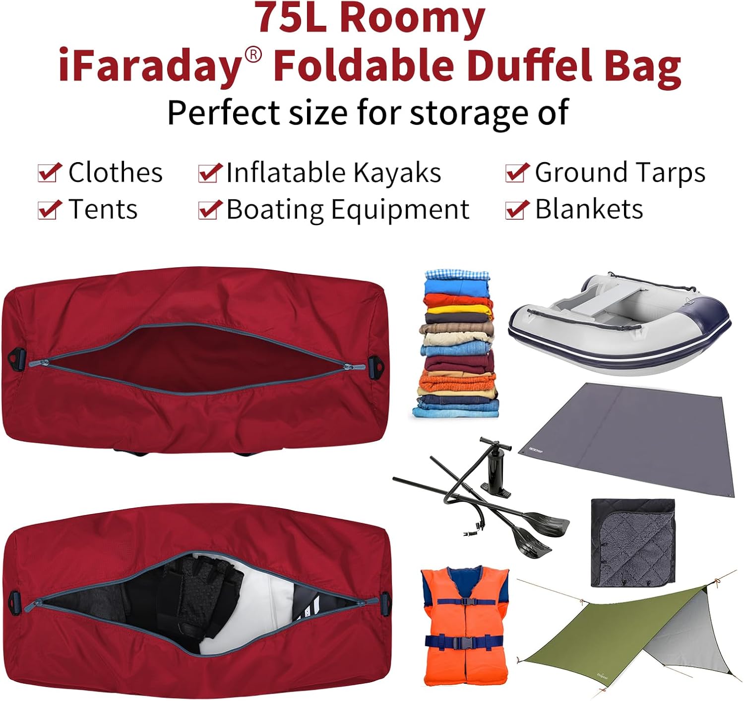 Foldable Duffle Bag 30 inch 75L Large Lightweight Luggage Bag for Travel Camping Storage-Red - Image 3