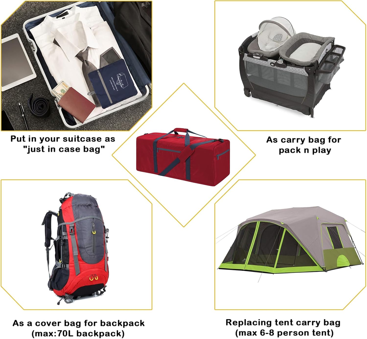 Foldable Duffle Bag 30 inch 75L Large Lightweight Luggage Bag for Travel Camping Storage-Red - Image 4