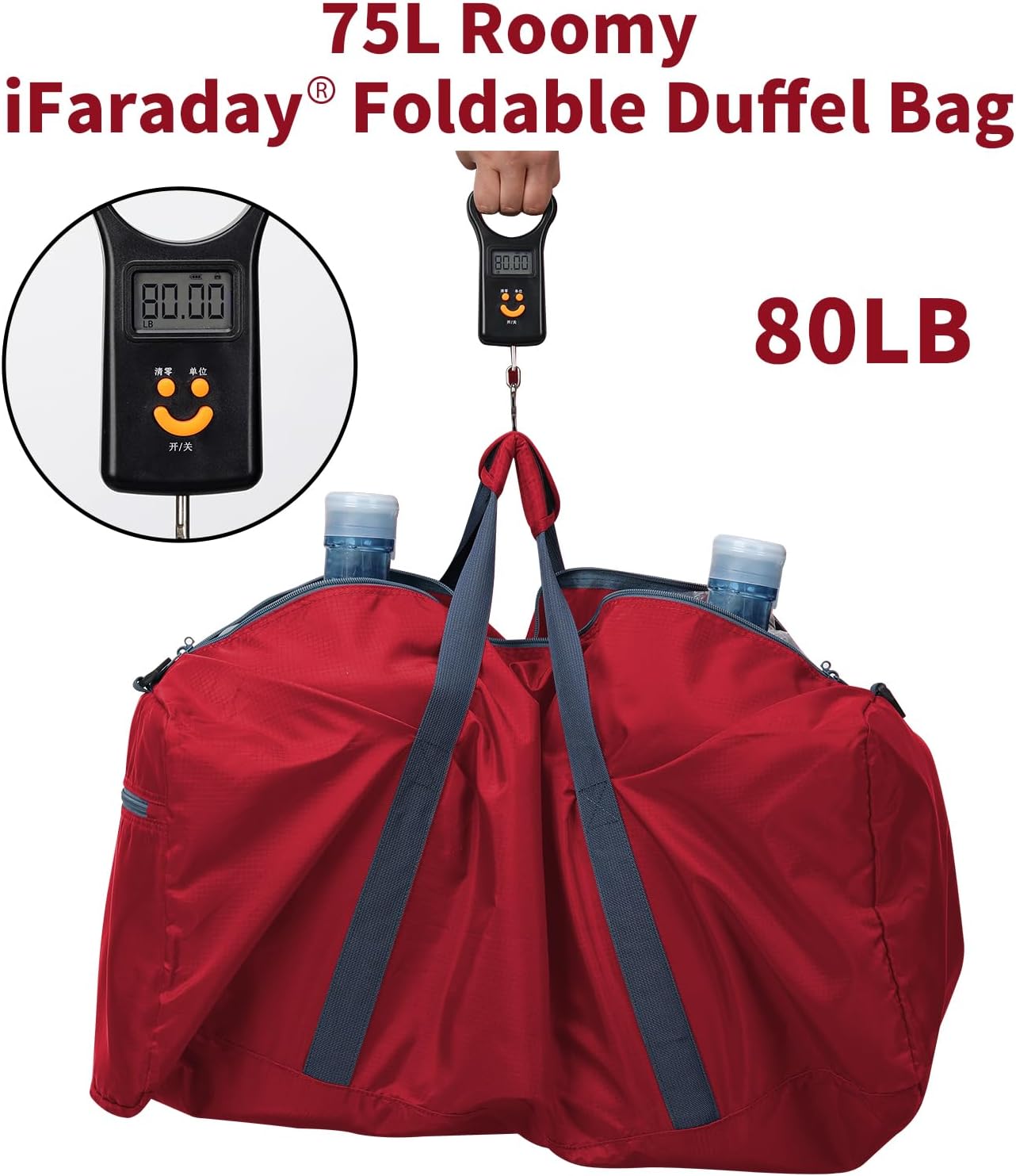 Foldable Duffle Bag 30 inch 75L Large Lightweight Luggage Bag for Travel Camping Storage-Red - Image 5