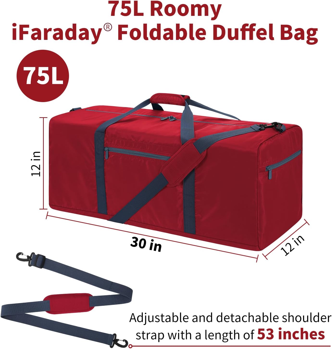 Foldable Duffle Bag 30 inch 75L Large Lightweight Luggage Bag for Travel Camping Storage-Red - Image 6