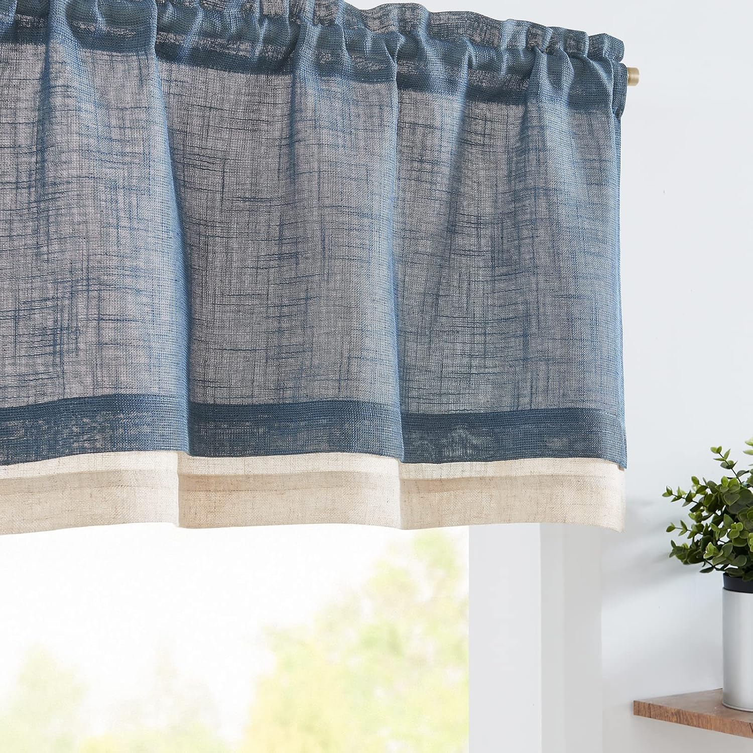 Linen Valance for Farmhouse Living Room Windows 16 Inch Slubbed Crossed Double Layer Window Valance Light Filtering Rustic Country Overlay Rod Pocket 1 Panel Navy Blue - Image 1
