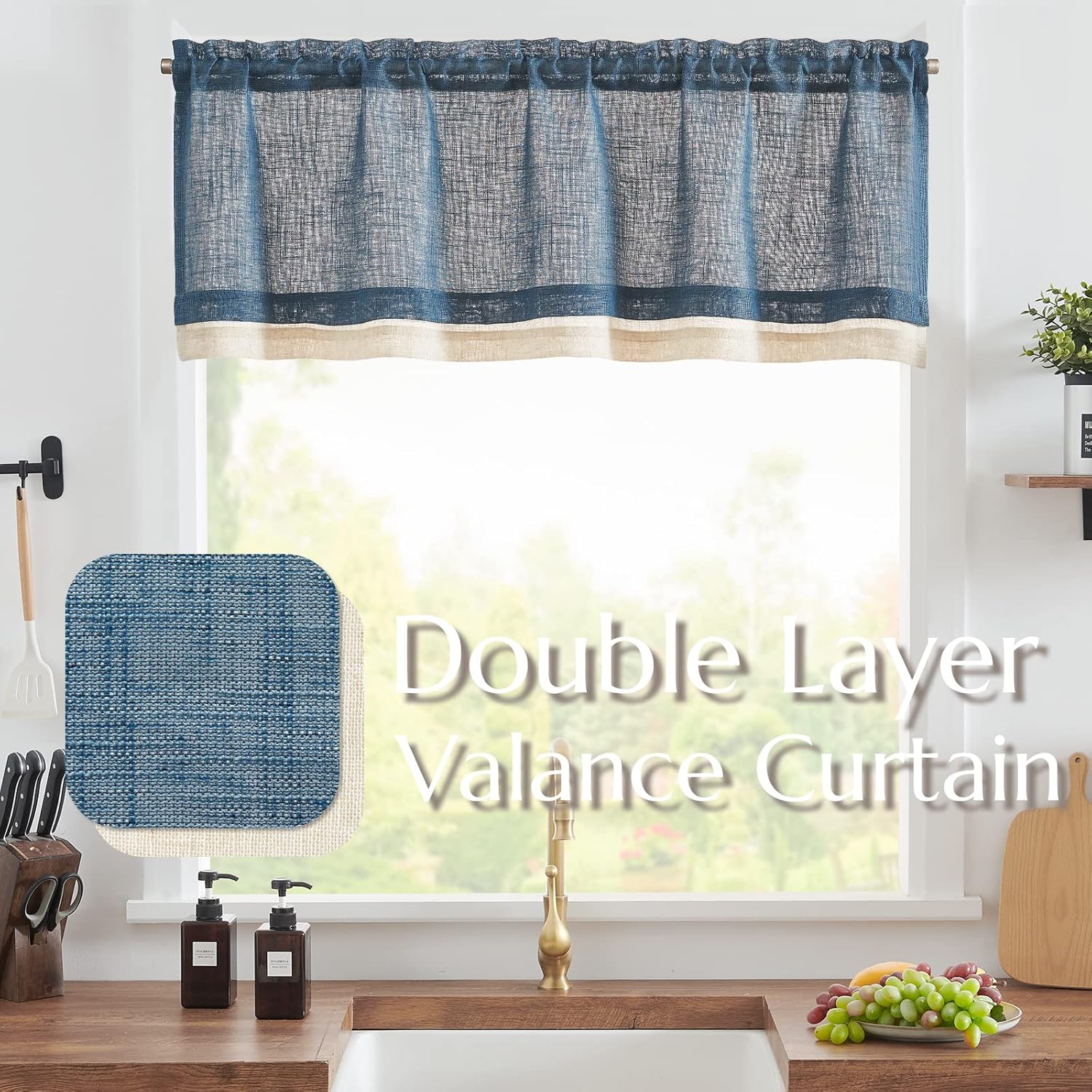 Linen Valance for Farmhouse Living Room Windows 16 Inch Slubbed Crossed Double Layer Window Valance Light Filtering Rustic Country Overlay Rod Pocket 1 Panel Navy Blue - Image 2