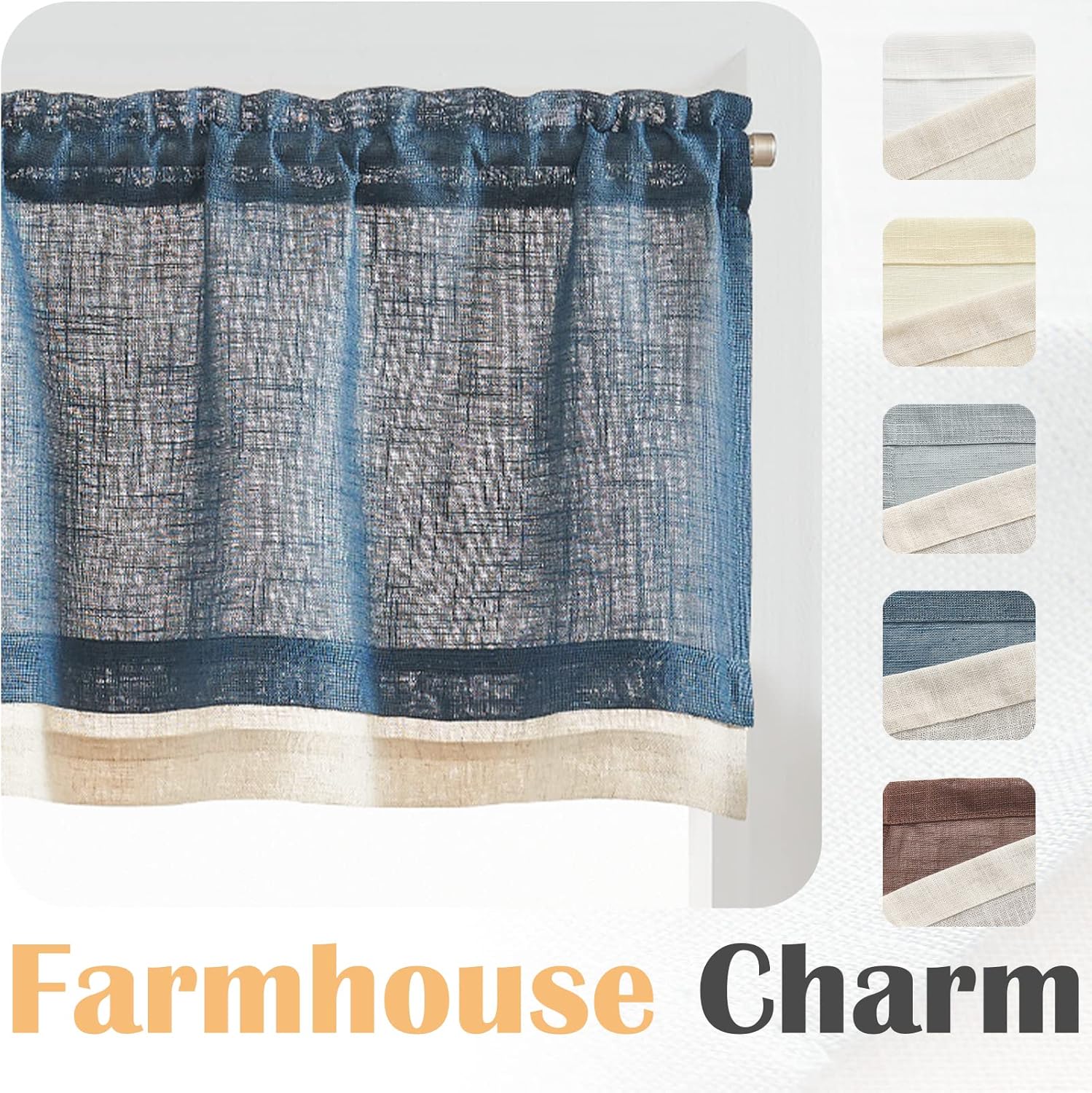 Linen Valance for Farmhouse Living Room Windows 16 Inch Slubbed Crossed Double Layer Window Valance Light Filtering Rustic Country Overlay Rod Pocket 1 Panel Navy Blue - Image 4