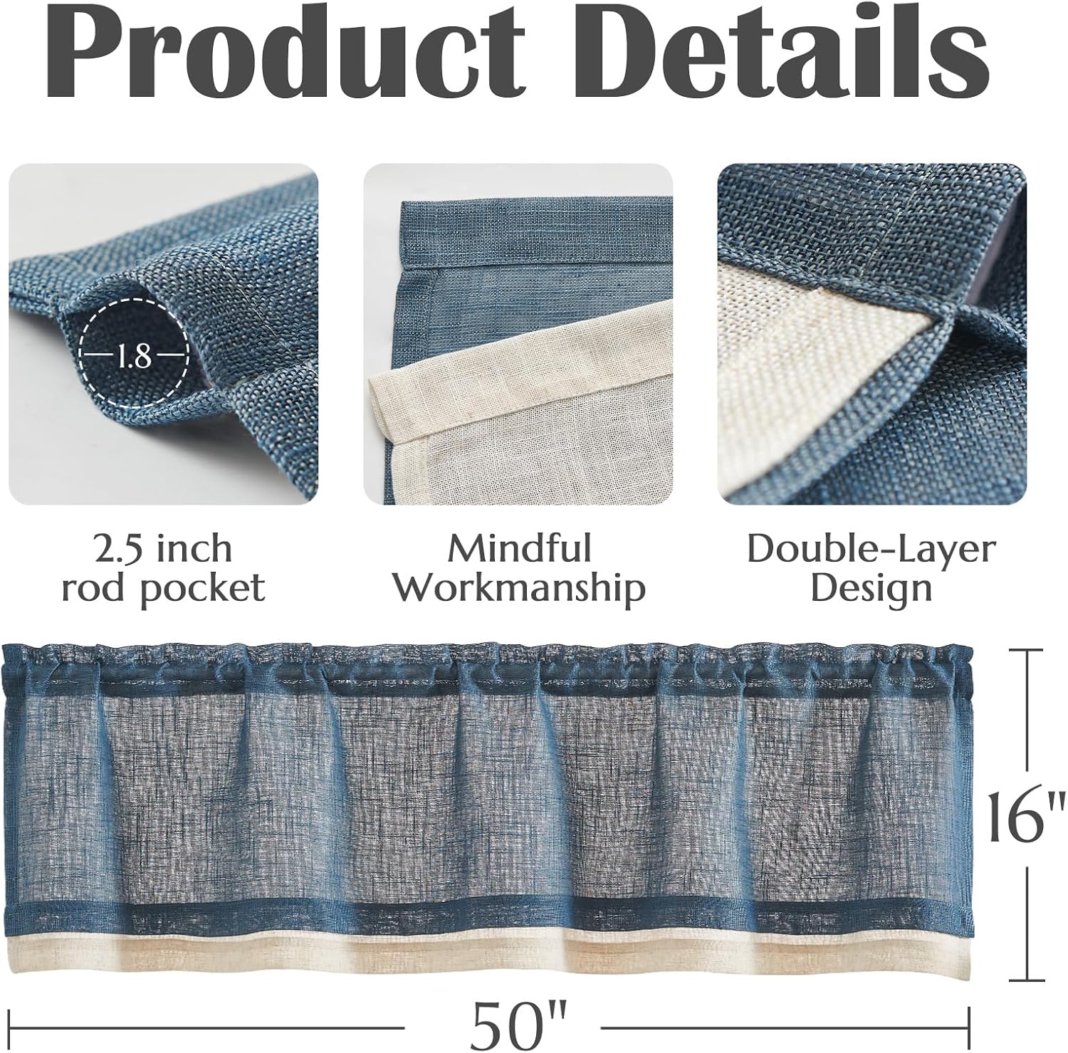 Linen Valance for Farmhouse Living Room Windows 16 Inch Slubbed Crossed Double Layer Window Valance Light Filtering Rustic Country Overlay Rod Pocket 1 Panel Navy Blue - Image 6