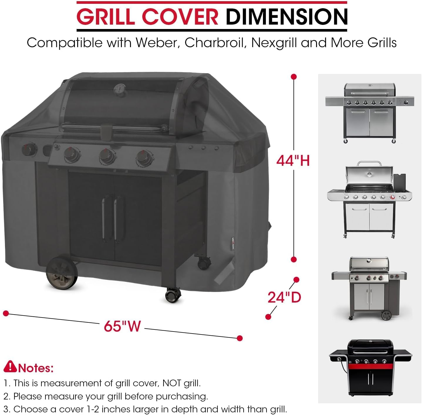 Heavy Duty Waterproof Barbecue Gas Grill Cover, 65-inch BBQ Cover, Special Fade and UV Resistant Material, Durable and Convenient, Fits Grills of Weber Char-Broil Nexgrill Brinkmann and More - Image 7