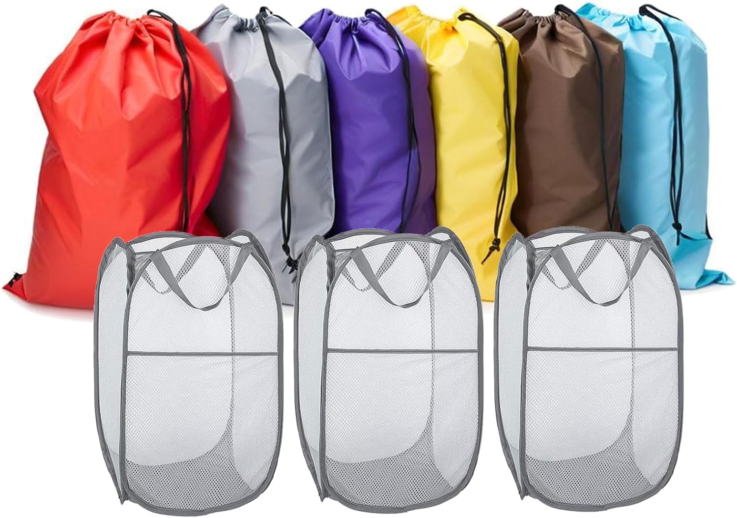Pop Up Hampers 3 Pack with Extra Large Laundry Bags 6 Pack, Varied Colors Travel Laundry Bags 30