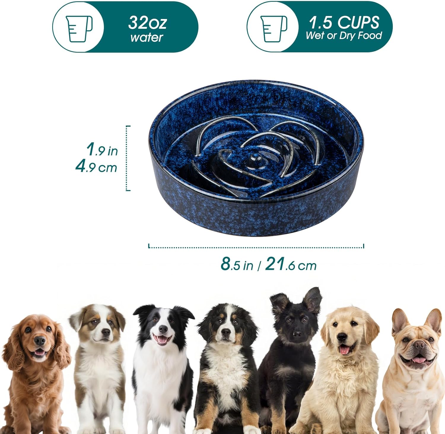 Slow Feeder Dog Bowl, 1.5 Cups Ceramic Slow Feeder for Medium Breed, Puzzle Maze Dog Food Bowl for Fast Eater, Blue - Image 2