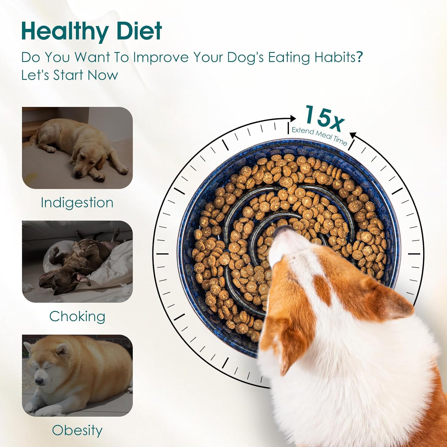Slow Feeder Dog Bowl, 1.5 Cups Ceramic Slow Feeder for Medium Breed, Puzzle Maze Dog Food Bowl for Fast Eater, Blue - Image 3
