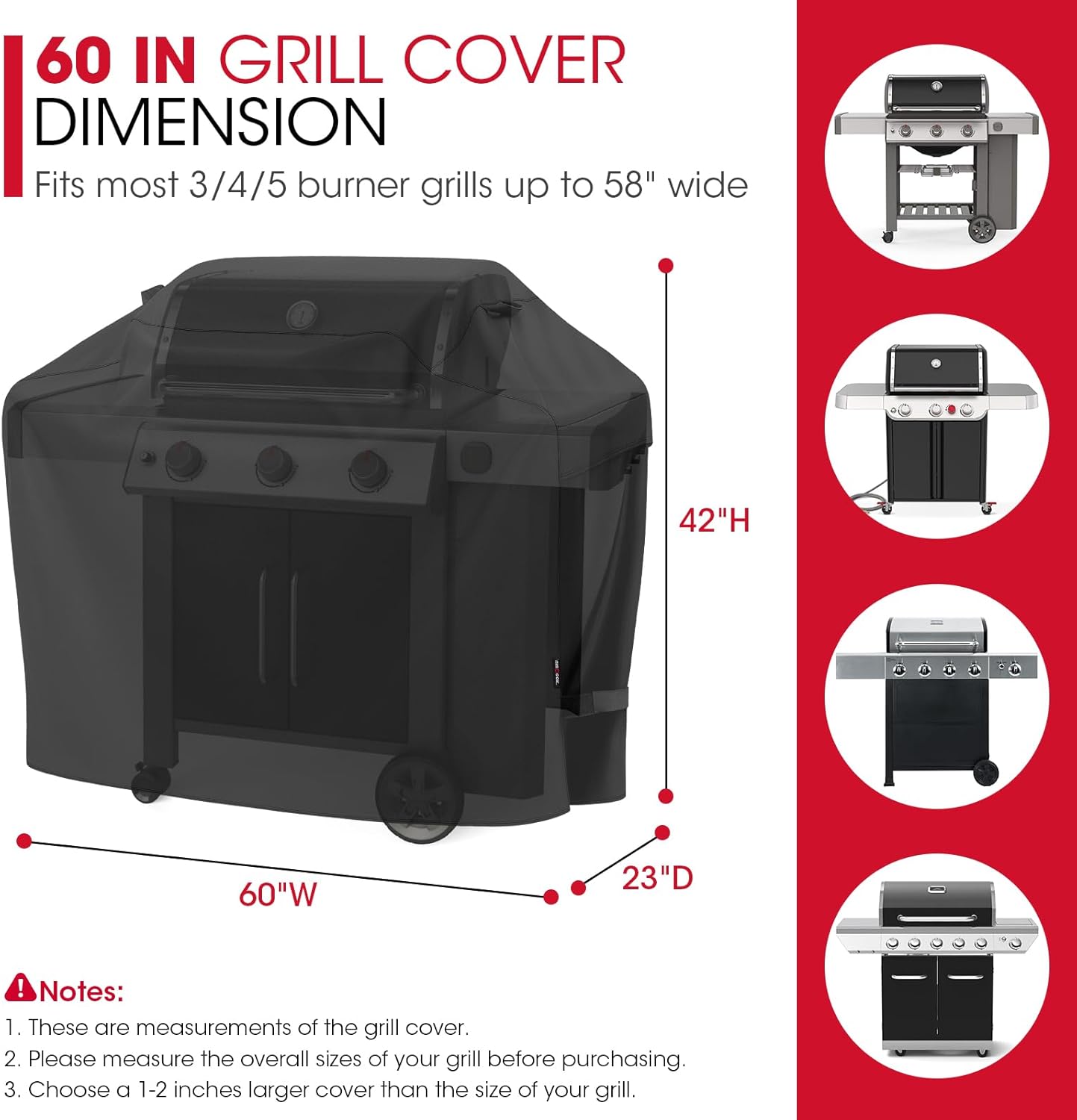 Grill Cover 60 Inch, Heavy Duty Waterproof Gas Grill Cover for Outside, Fade Resistant Outdoor Barbecue Protector, Compatible with Weber Char-Broil Nexgrill BBQs up to 58