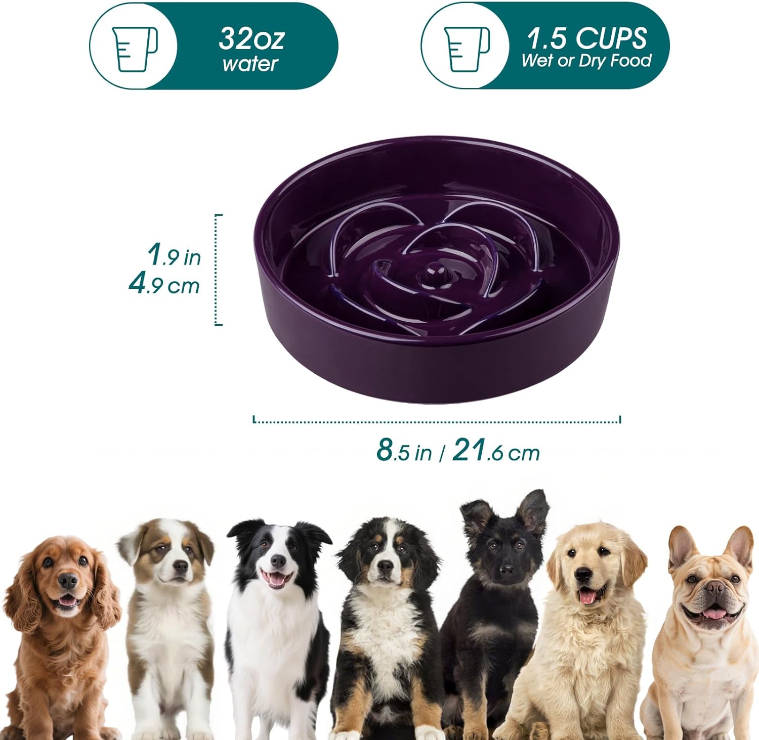 Slow Feeder Dog Bowl, 1.5 Cups Ceramic Slow Feeder for Medium Breed, Puzzle Maze Food Dog Bowl for Fast Eater, Dark Purple - Image 2