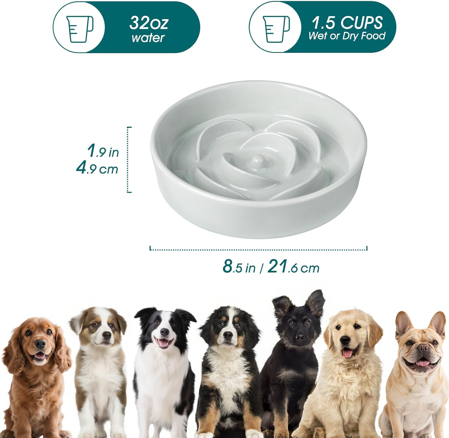 Slow Feeder Dog Bowl, 1.5 Cups Ceramic Dog Food Dish for Fast Eaters Small Breed, Puzzle Bowl for Small Dogs and Cats, Grayish Cyan - Image 2