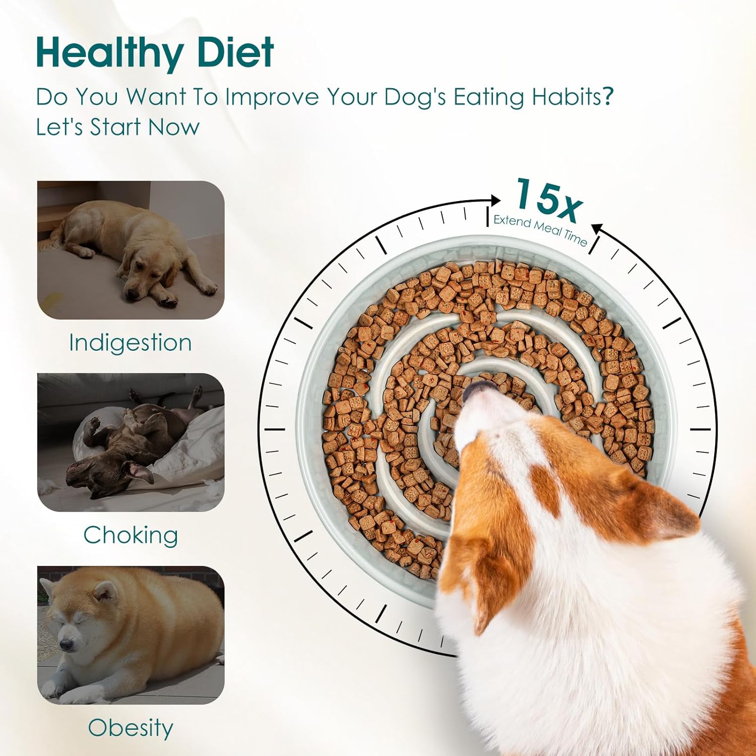 Slow Feeder Dog Bowl, 1.5 Cups Ceramic Dog Food Dish for Fast Eaters Small Breed, Puzzle Bowl for Small Dogs and Cats, Grayish Cyan - Image 3