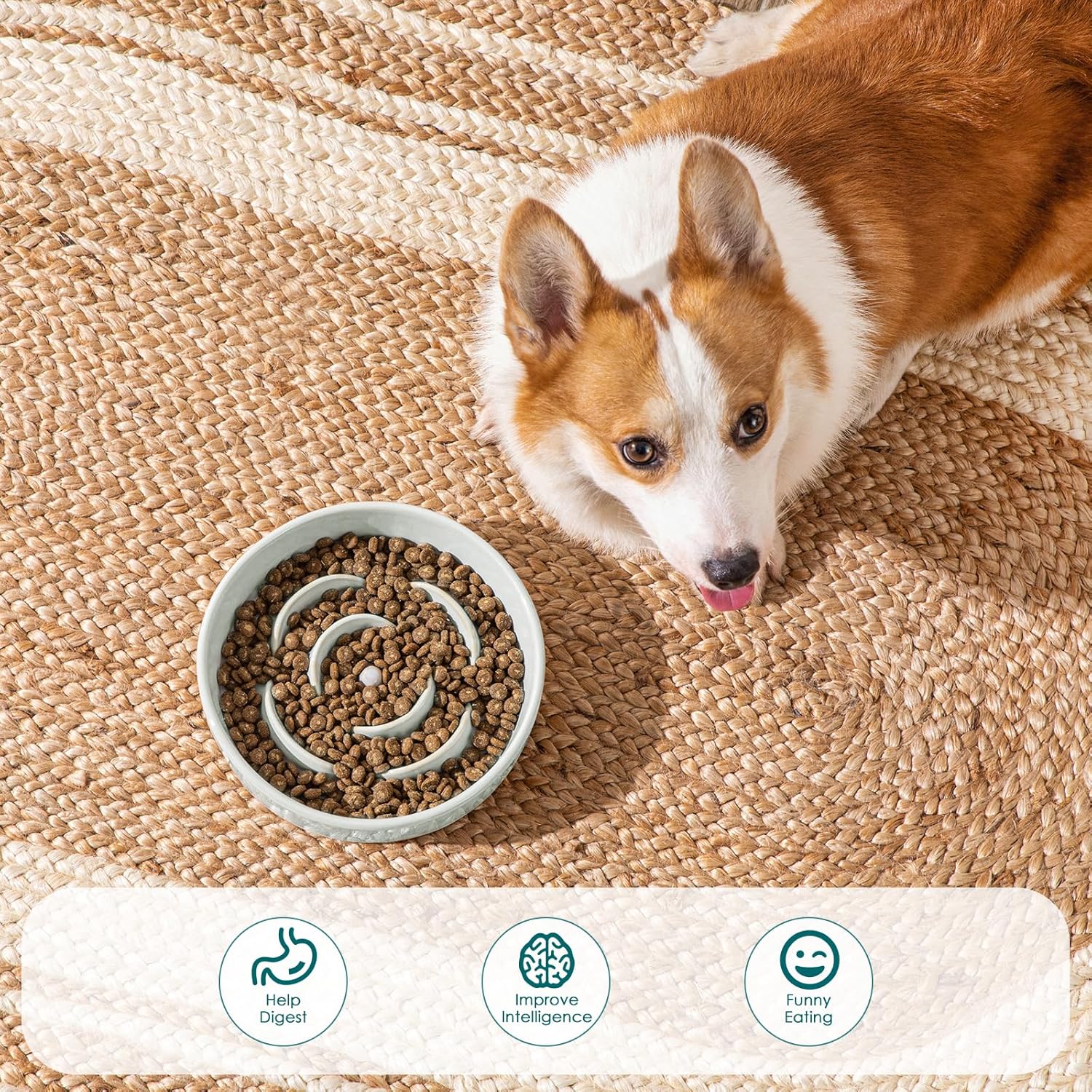 Slow Feeder Dog Bowl, 1.5 Cups Ceramic Dog Food Dish for Fast Eaters Small Breed, Puzzle Bowl for Small Dogs and Cats, Grayish Cyan - Image 5