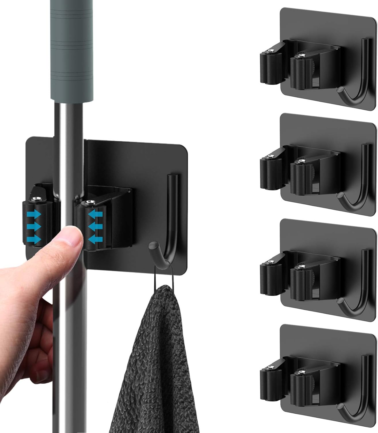 Mop Broom Holder No Drill, Mop Broom Organizer Wall Mounted Heavy Duty with Hooks Hanger, Self Adhesive Stainless Steel 4Pcs for Bathroom, Kitchen, Office (Black) - Image 1