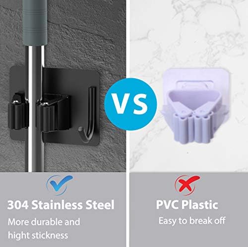 Mop Broom Holder No Drill, Mop Broom Organizer Wall Mounted Heavy Duty with Hooks Hanger, Self Adhesive Stainless Steel 4Pcs for Bathroom, Kitchen, Office (Black) - Image 2
