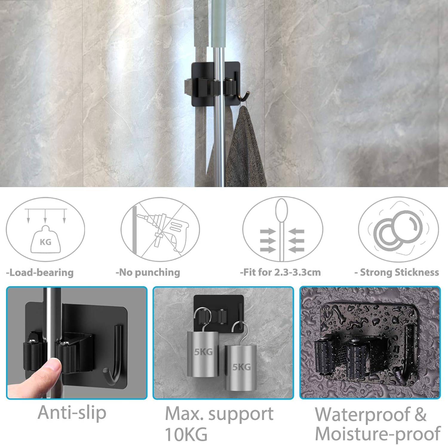 Mop Broom Holder No Drill, Mop Broom Organizer Wall Mounted Heavy Duty with Hooks Hanger, Self Adhesive Stainless Steel 4Pcs for Bathroom, Kitchen, Office (Black) - Image 3