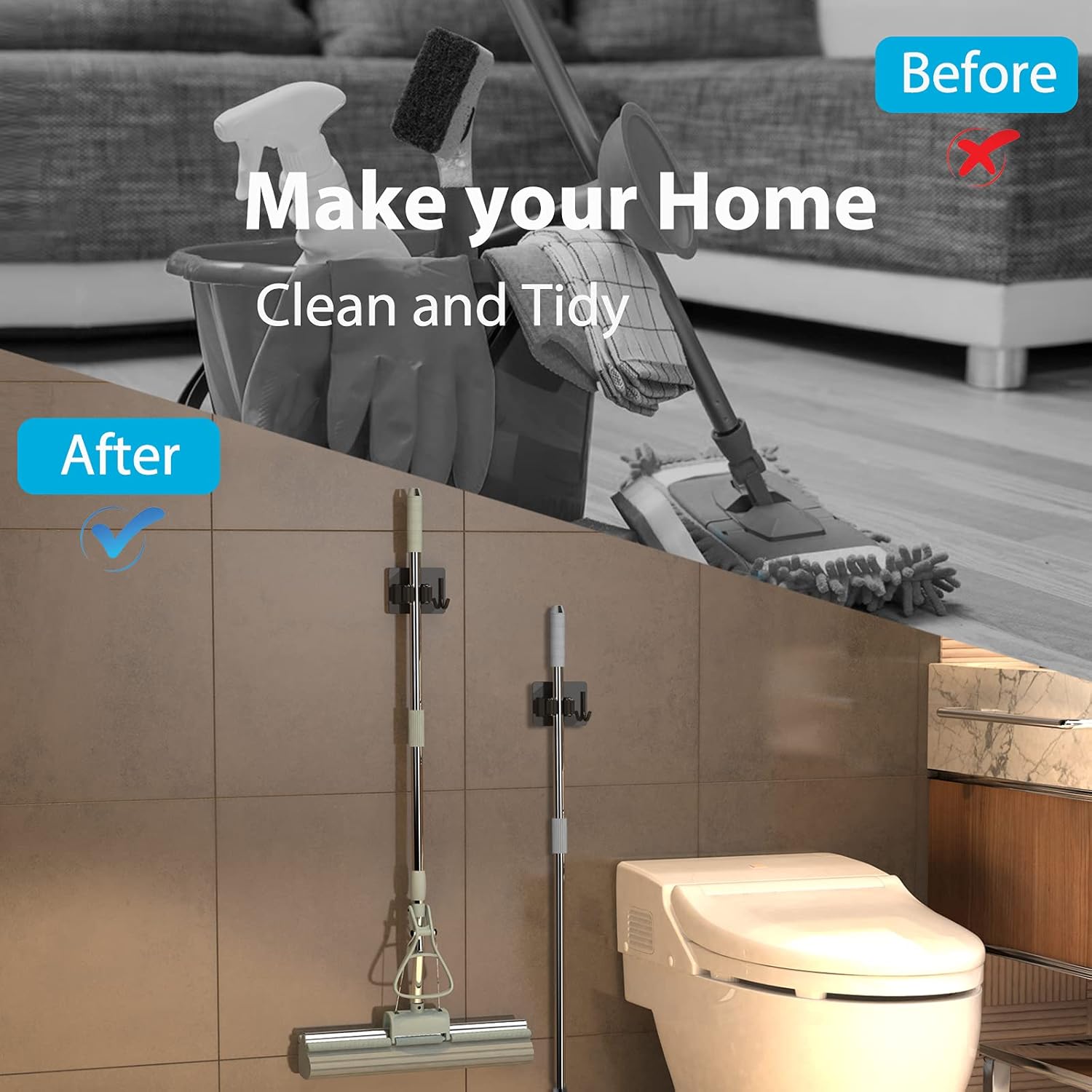 Mop Broom Holder No Drill, Mop Broom Organizer Wall Mounted Heavy Duty with Hooks Hanger, Self Adhesive Stainless Steel 4Pcs for Bathroom, Kitchen, Office (Black) - Image 7