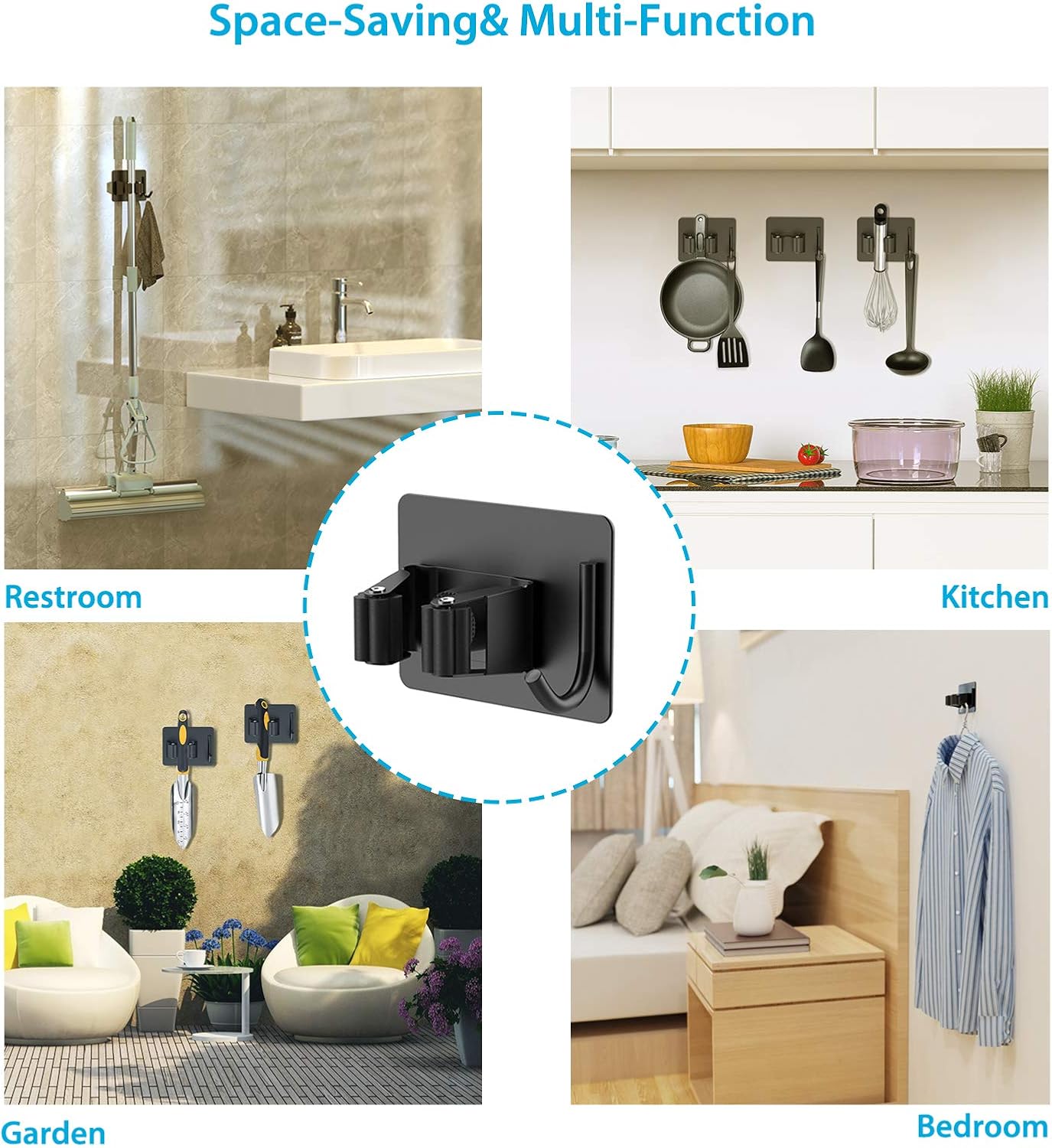 Mop Broom Holder No Drill, Mop Broom Organizer Wall Mounted Heavy Duty with Hooks Hanger, Self Adhesive Stainless Steel 4Pcs for Bathroom, Kitchen, Office (Black) - Image 8