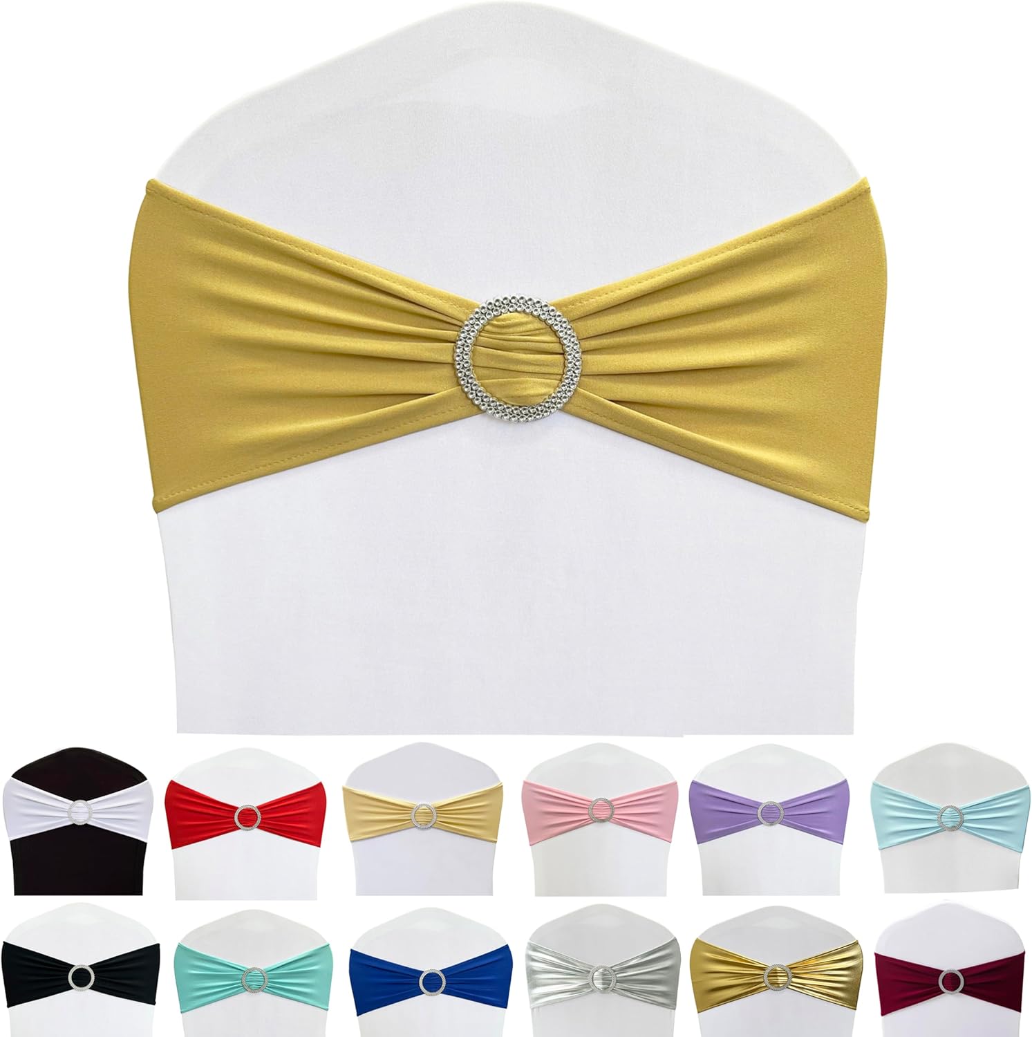 Spandex Chair Sashes Bands 50PCS Stretch Chair Ties Bows with Buckle Slider for Wedding Party Banquet Decoration (Gold)… - Image 1