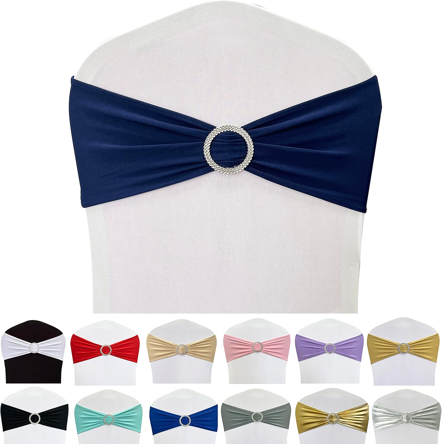 Spandex Chair Sashes Bands 50PCS Stretch Chair Ties Bows with Buckle Slider for Wedding Party Banquet Decoration (Navy Blue)… - Image 1