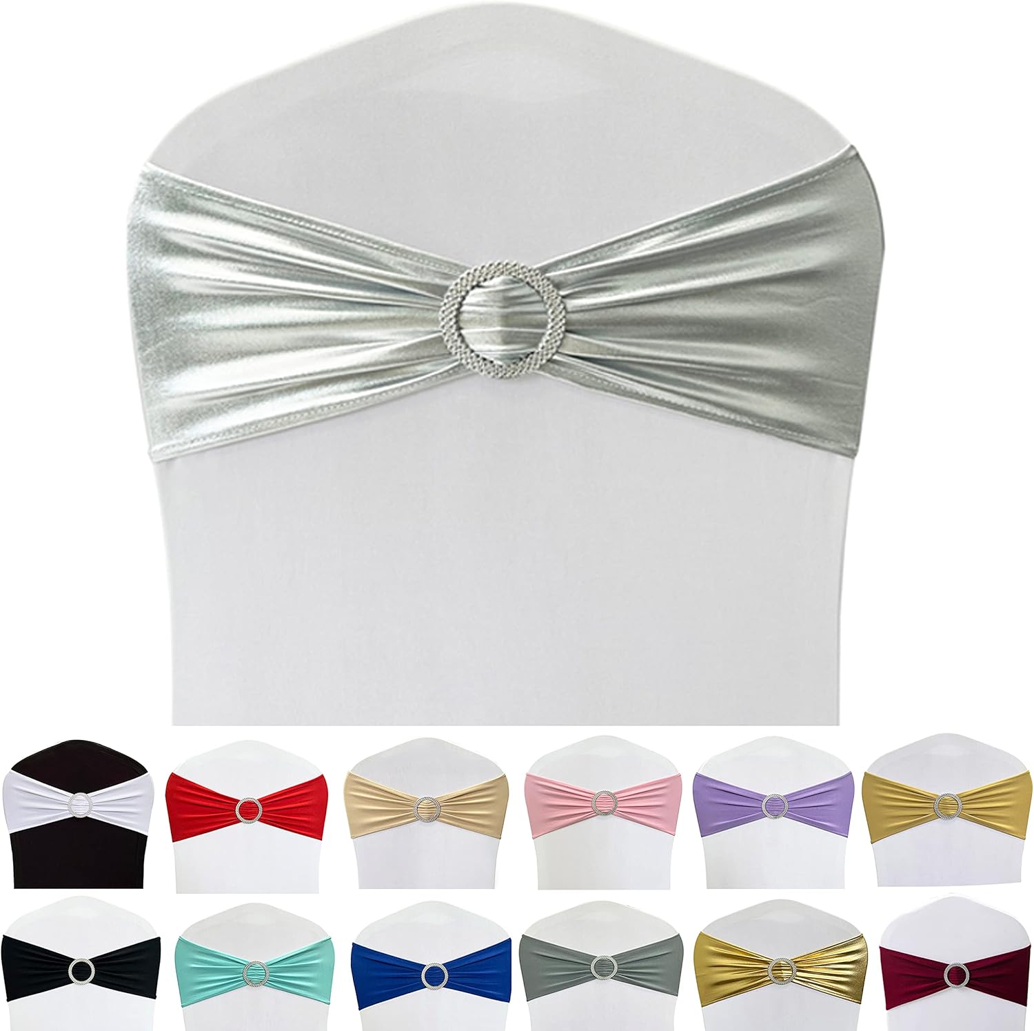 Spandex Chair Sashes Bands 50PCS Stretch Chair Ties Bows with Buckle Slider for Wedding Party Banquet Decoration(Metallic Silver)… - Image 1