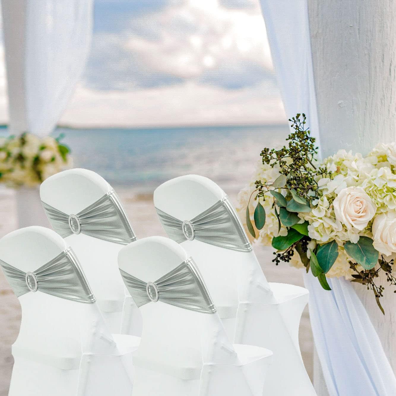 Spandex Chair Sashes Bands 50PCS Stretch Chair Ties Bows with Buckle Slider for Wedding Party Banquet Decoration(Metallic Silver)… - Image 2