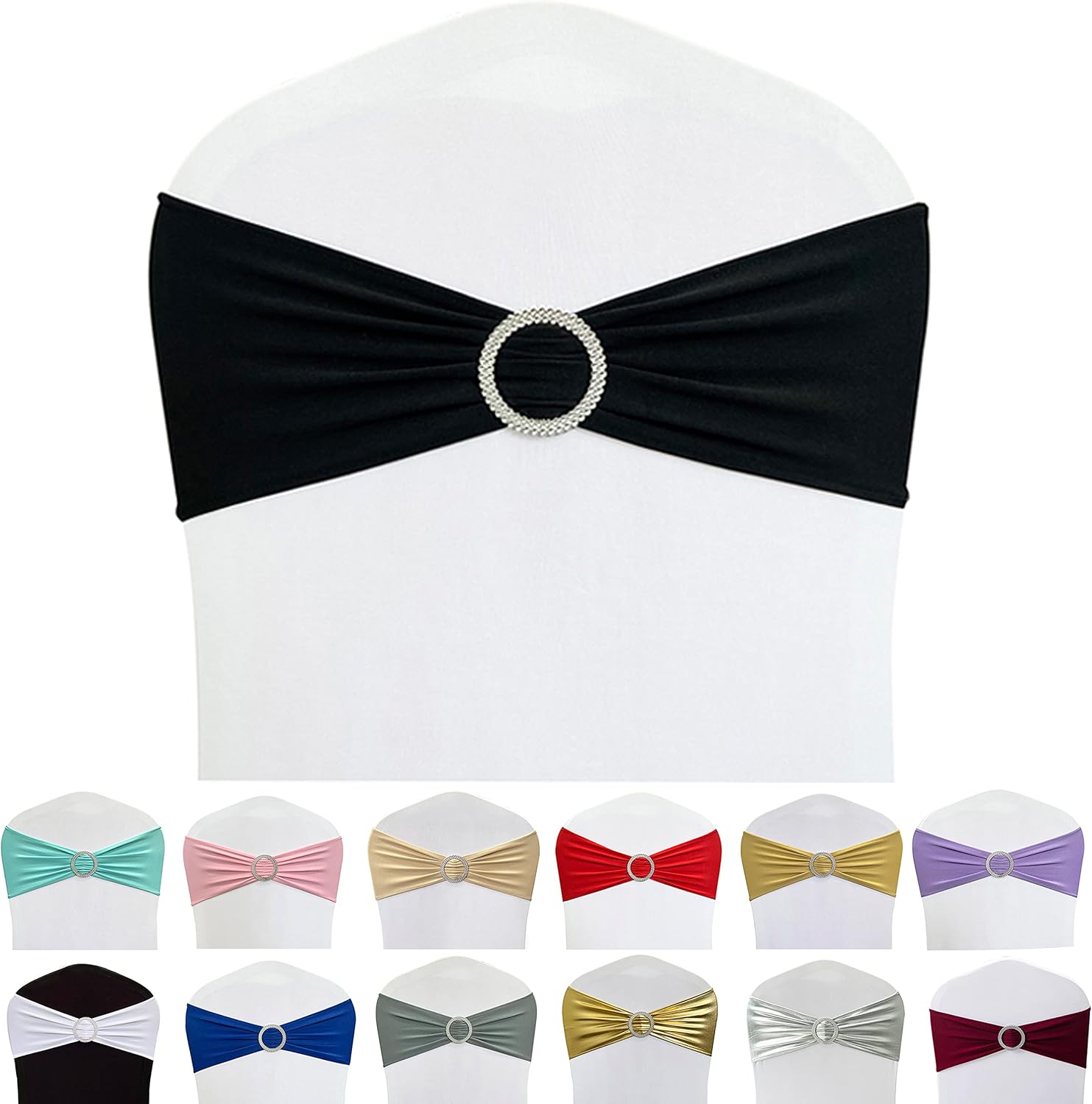 Spandex Chair Sashes Bands 50PCS Stretch Chair Ties Bows with Buckle Slider for Wedding Party Banquet Decoration (Black)… - Image 1