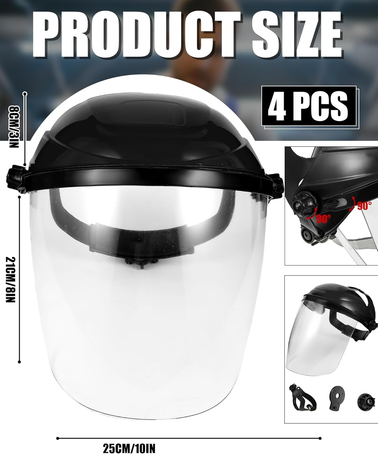 4 Pcs Clear Safety Face Shield for Grinding & Cutting, Lightweight Full Impact Resistant with Adjustable Ratcheting Headgear Face Shield Mask for Work Chemical Woodworking Industrial, Black - Image 2