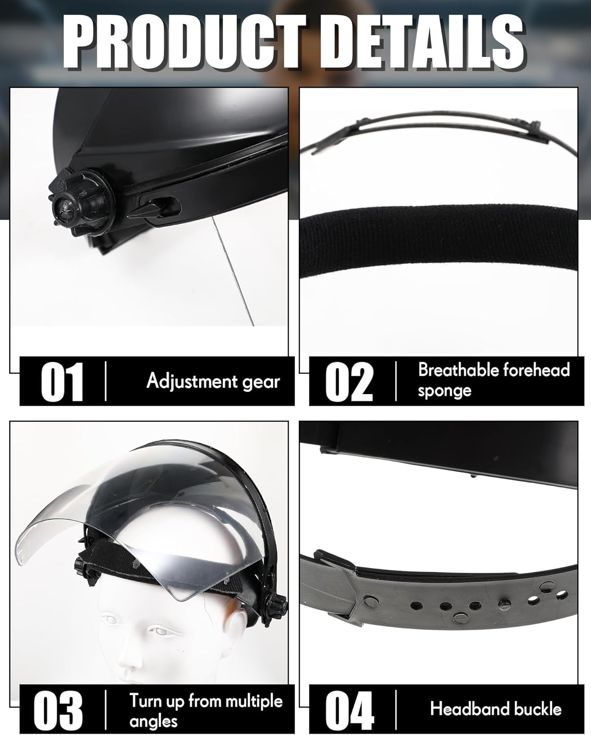 4 Pcs Clear Safety Face Shield for Grinding & Cutting, Lightweight Full Impact Resistant with Adjustable Ratcheting Headgear Face Shield Mask for Work Chemical Woodworking Industrial, Black - Image 3