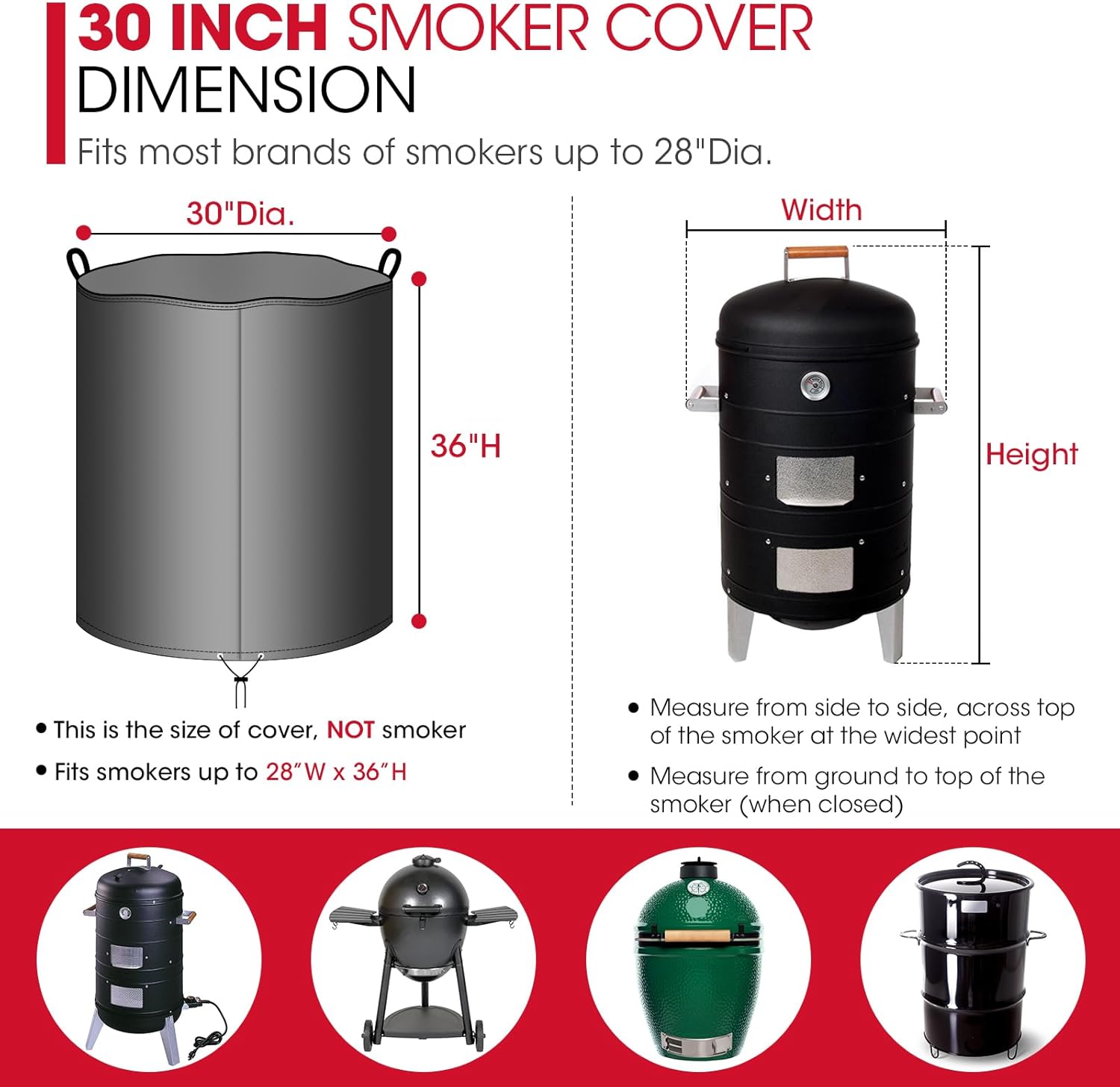 Round Smoker Cover 30 Inch, Heavy Duty Waterproof Charcoal Kettle BBQ Grill Cover, Fade Resistant Barrel Protector, Fits Weber Char-Griller Akorn Kamado and More, 30