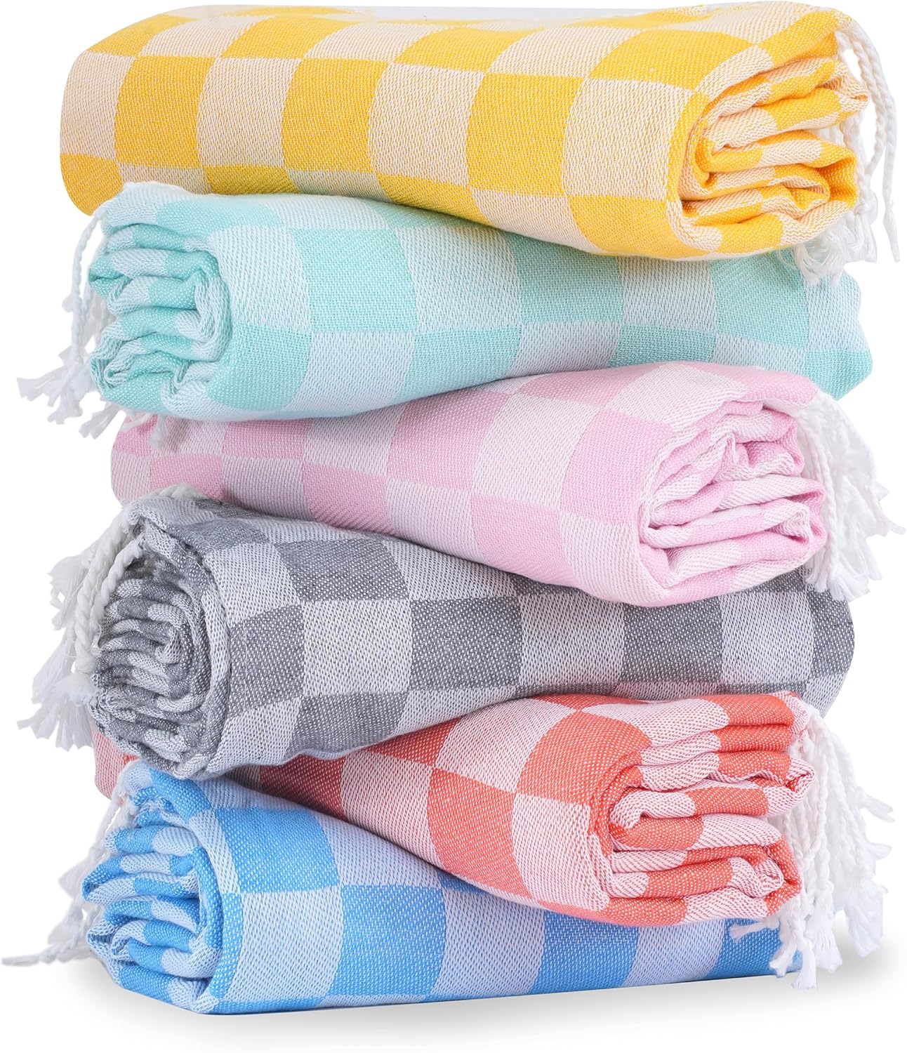 6 Packs Turkish Beach Towel Vacation Essentials Blanket Set Pool Bath Towels Bulk Multipack Travel Sand Free Quick Dry Extra Large Oversized Cute Big Soft Lightweight Compact Checkered Cloud Women - Image 1