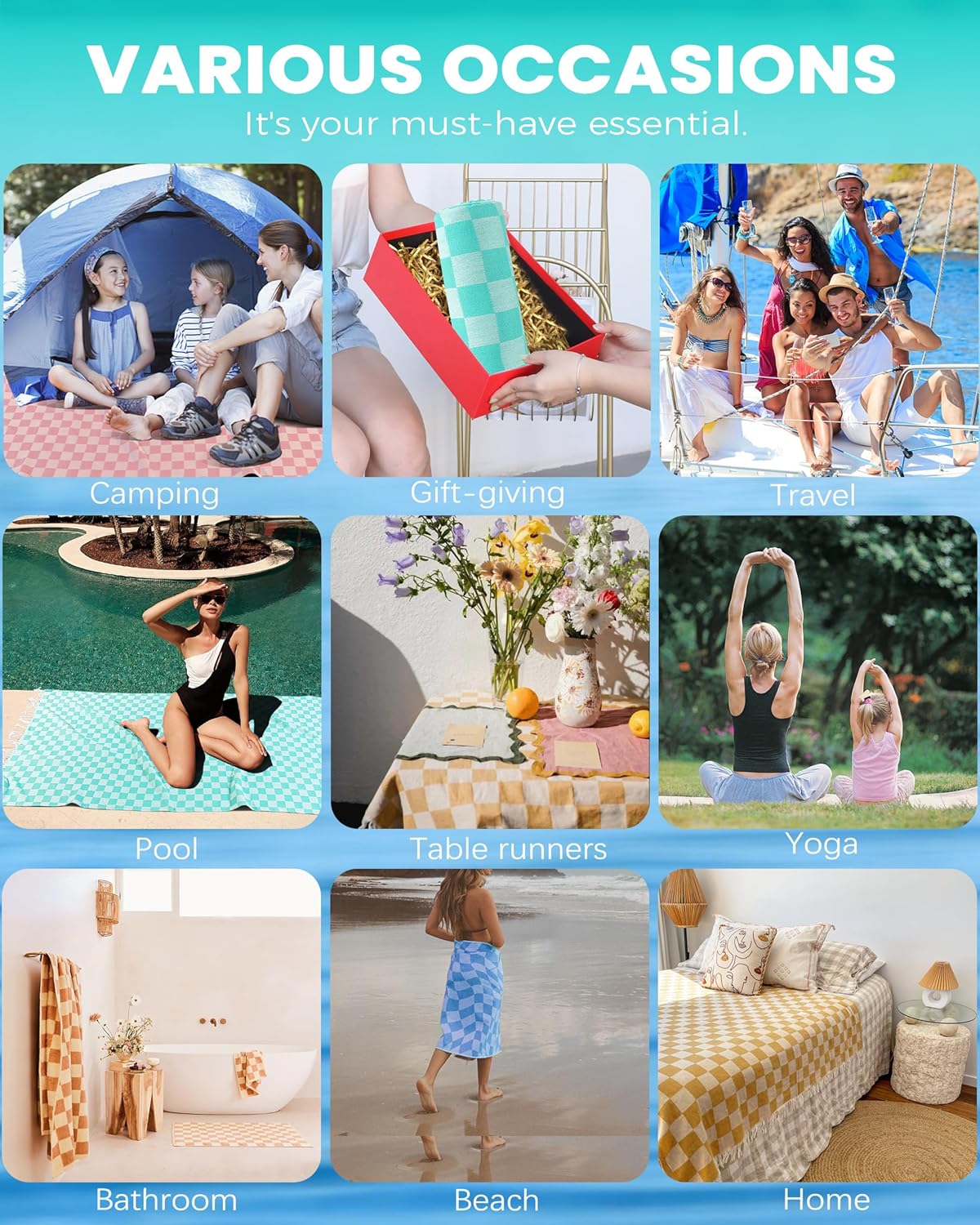 6 Packs Turkish Beach Towel Vacation Essentials Blanket Set Pool Bath Towels Bulk Multipack Travel Sand Free Quick Dry Extra Large Oversized Cute Big Soft Lightweight Compact Checkered Cloud Women - Image 6