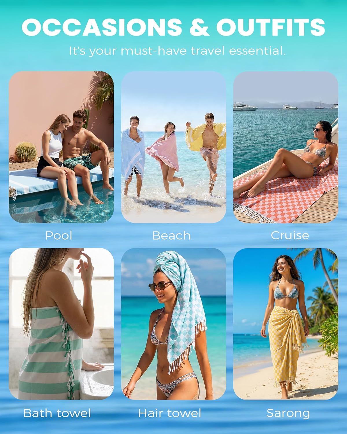 6 Packs Turkish Beach Towel Vacation Essentials Blanket Set Pool Bath Towels Bulk Multipack Travel Sand Free Quick Dry Extra Large Oversized Cute Big Soft Lightweight Compact Checkered Cloud Women - Image 7